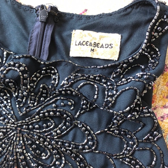 Lace & Beads Navy Sequined Mesh Skater Dress - Picture 3 of 5